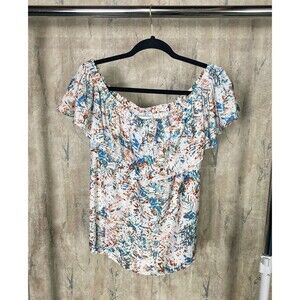 Waverly Grey Blouse Large Off Shoulder Ivory Abstract Top Office Business Casual